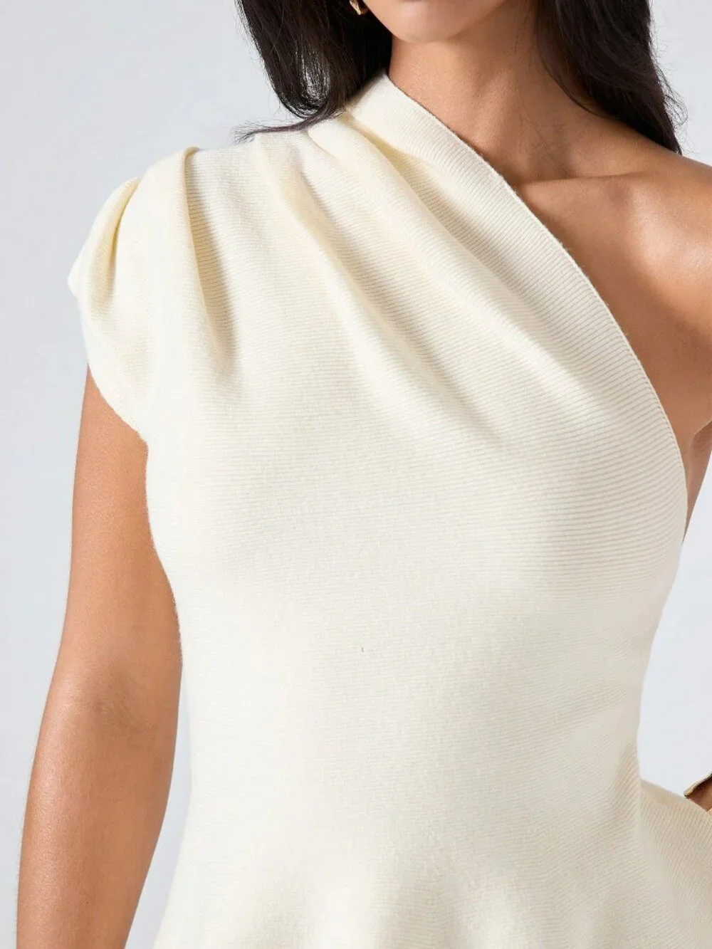 Beige Casual Women's Minimalism Asymmetric Neckline Ruched Elegant Knit Top - Picture 7 of 7